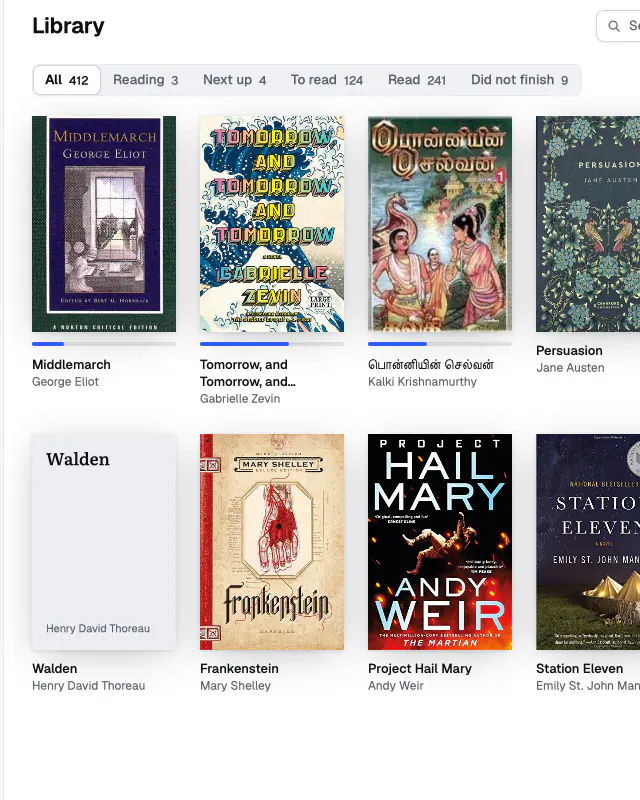 The library in the grid view, with the covers of the books