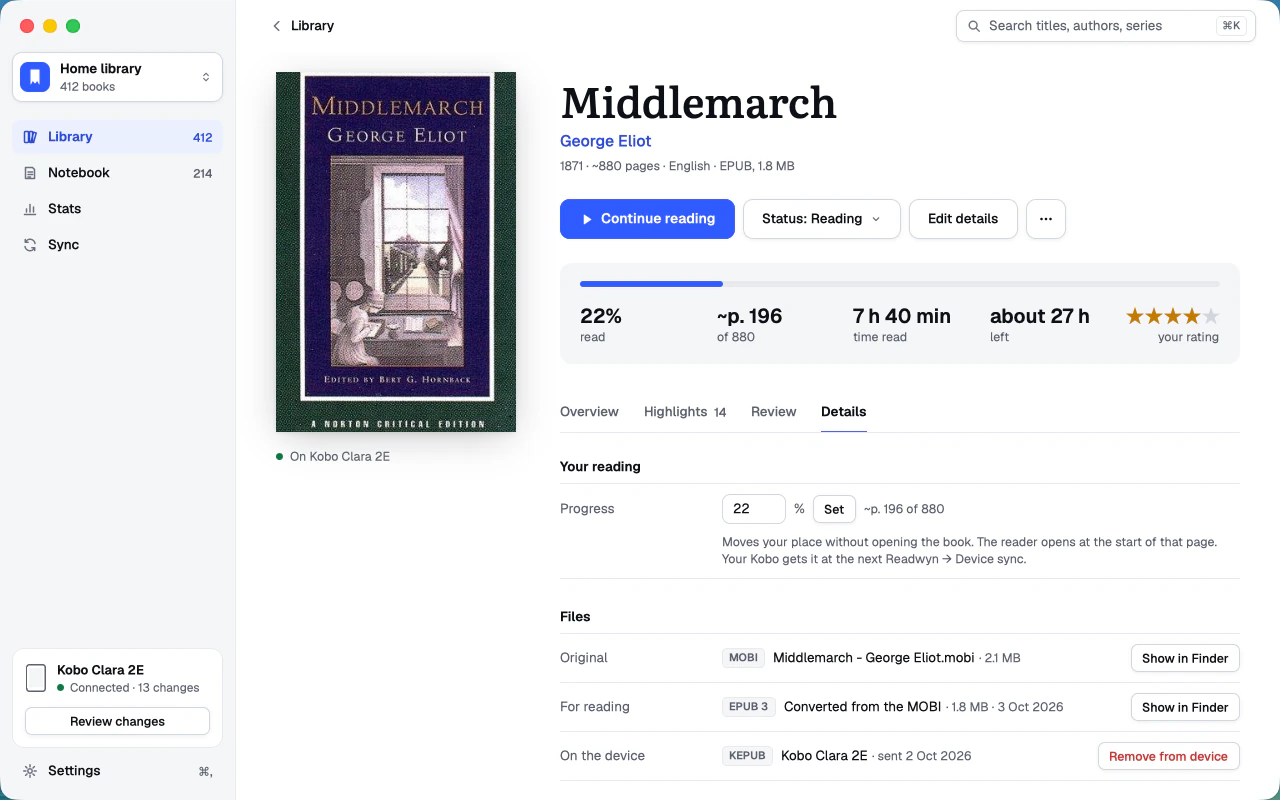 The details of a book, with its original file and its EPUB