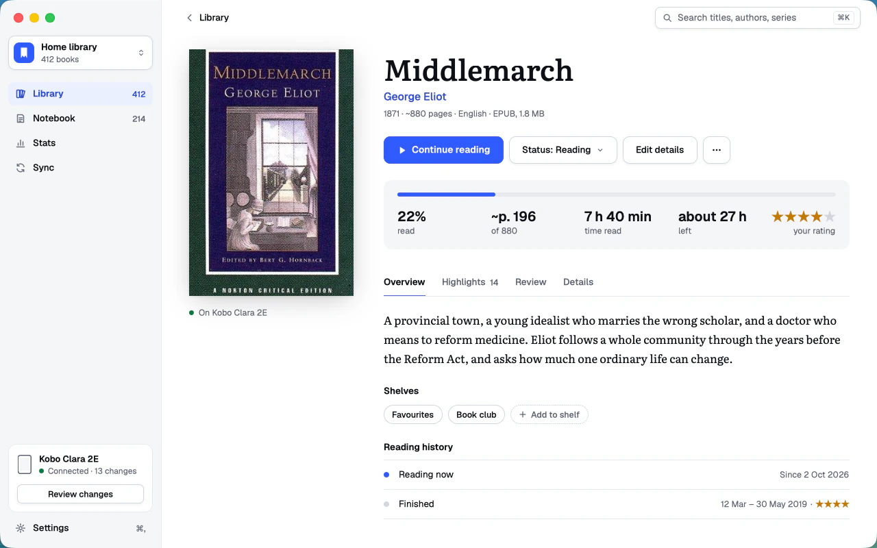 The book screen of Middlemarch, with the progress and the time left