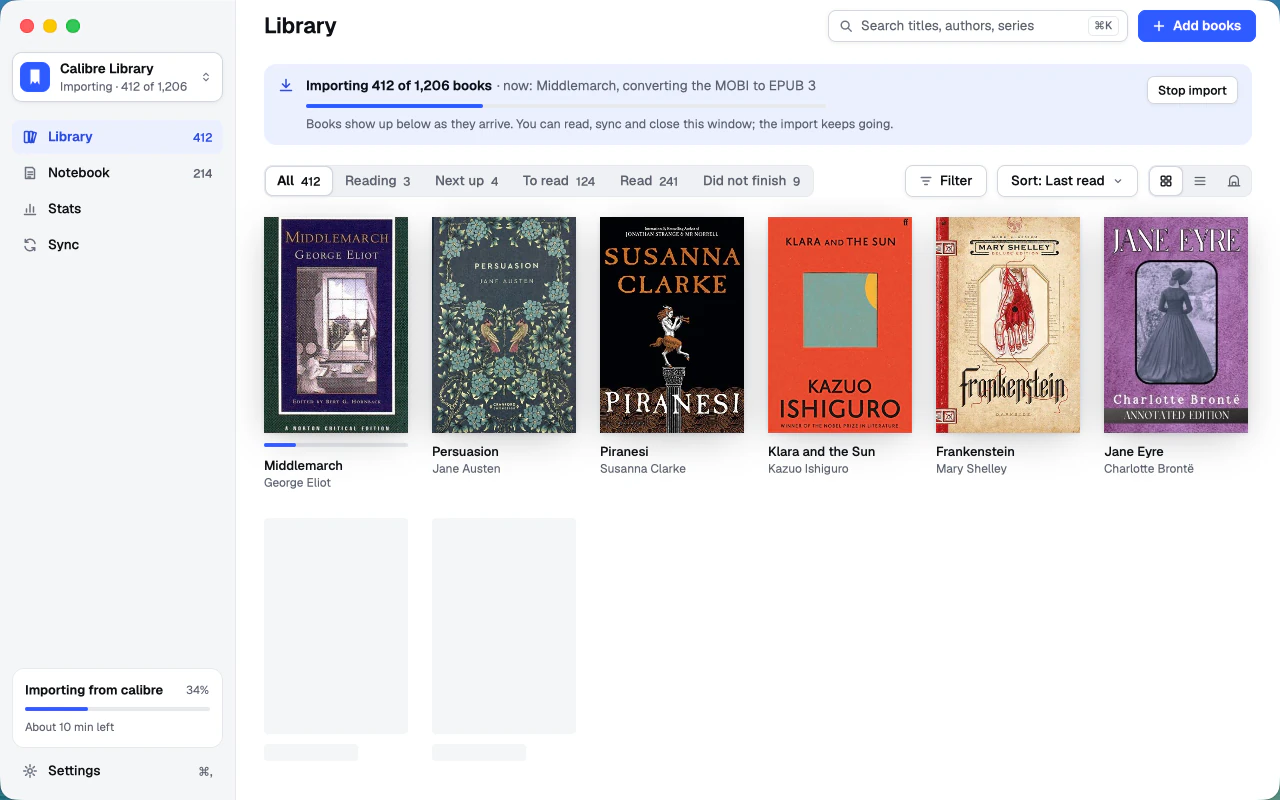 The library while the import from calibre runs