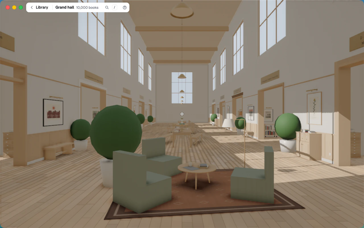 A grand hall of shelves in the 3D library