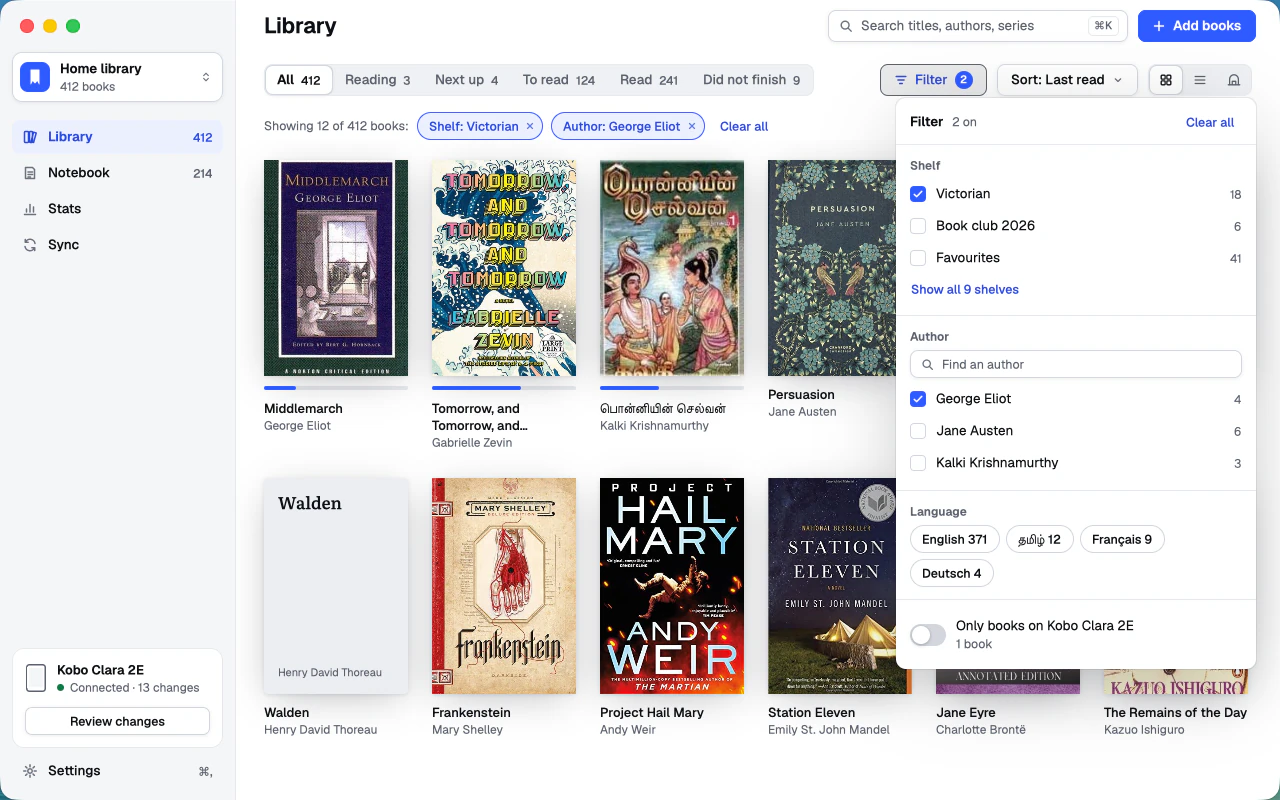 The Filter menu, with shelves, authors, and languages
