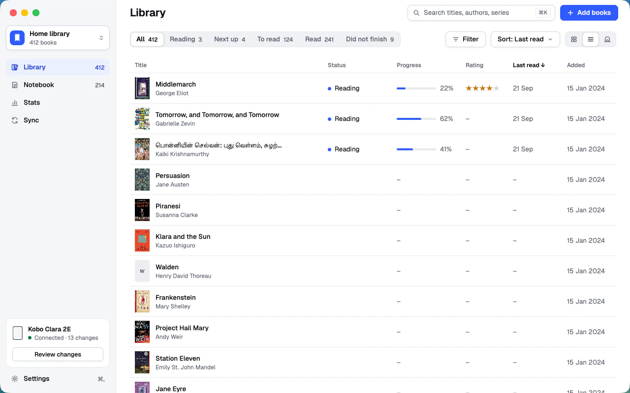 The library in the list view, with status, progress, and rating