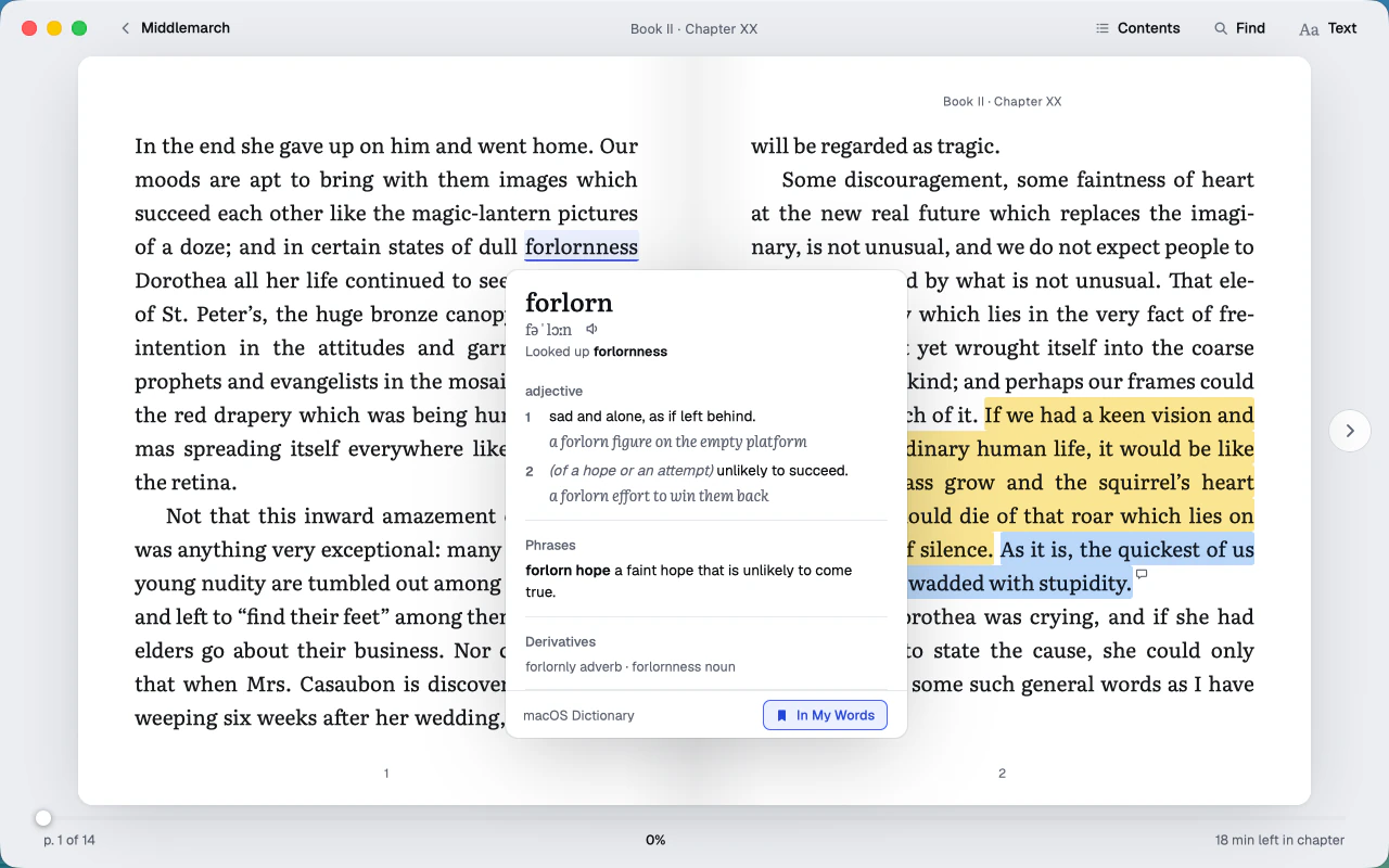 The lookup popover over a page, with the meanings of a word