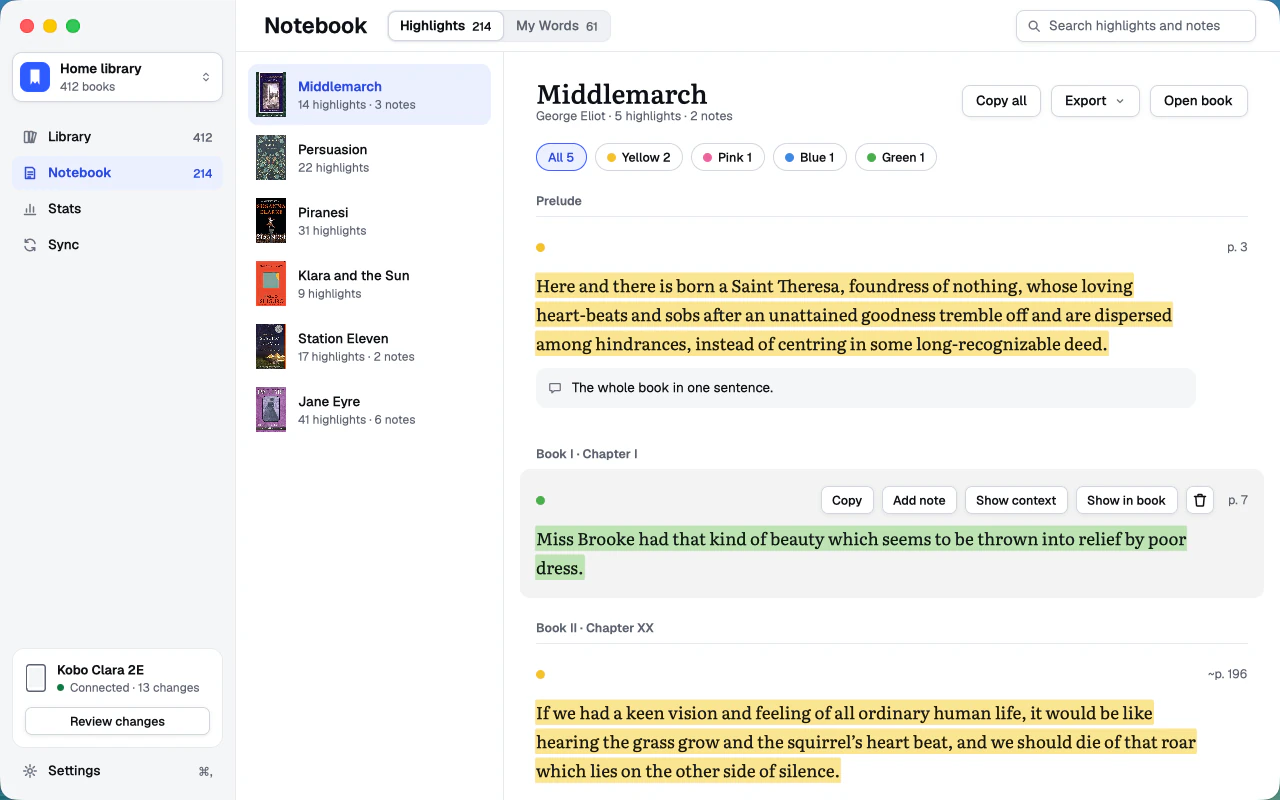 The Notebook, with the highlights of Middlemarch by chapter