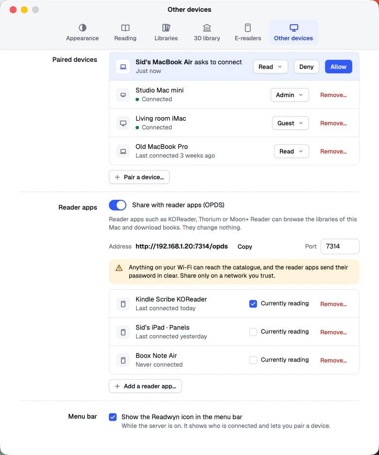 The reader app settings, with the OPDS address and the reader apps