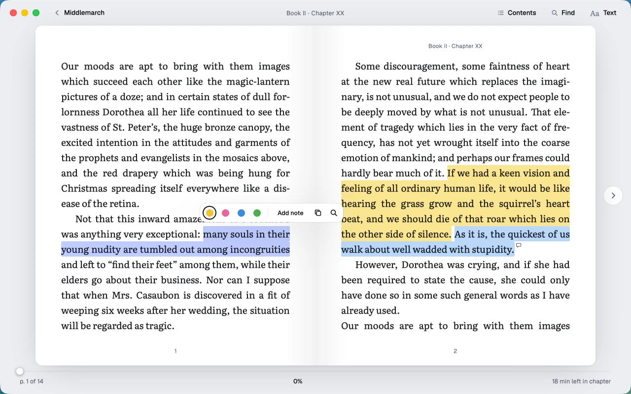 A selection in the reader, with the four highlight colours