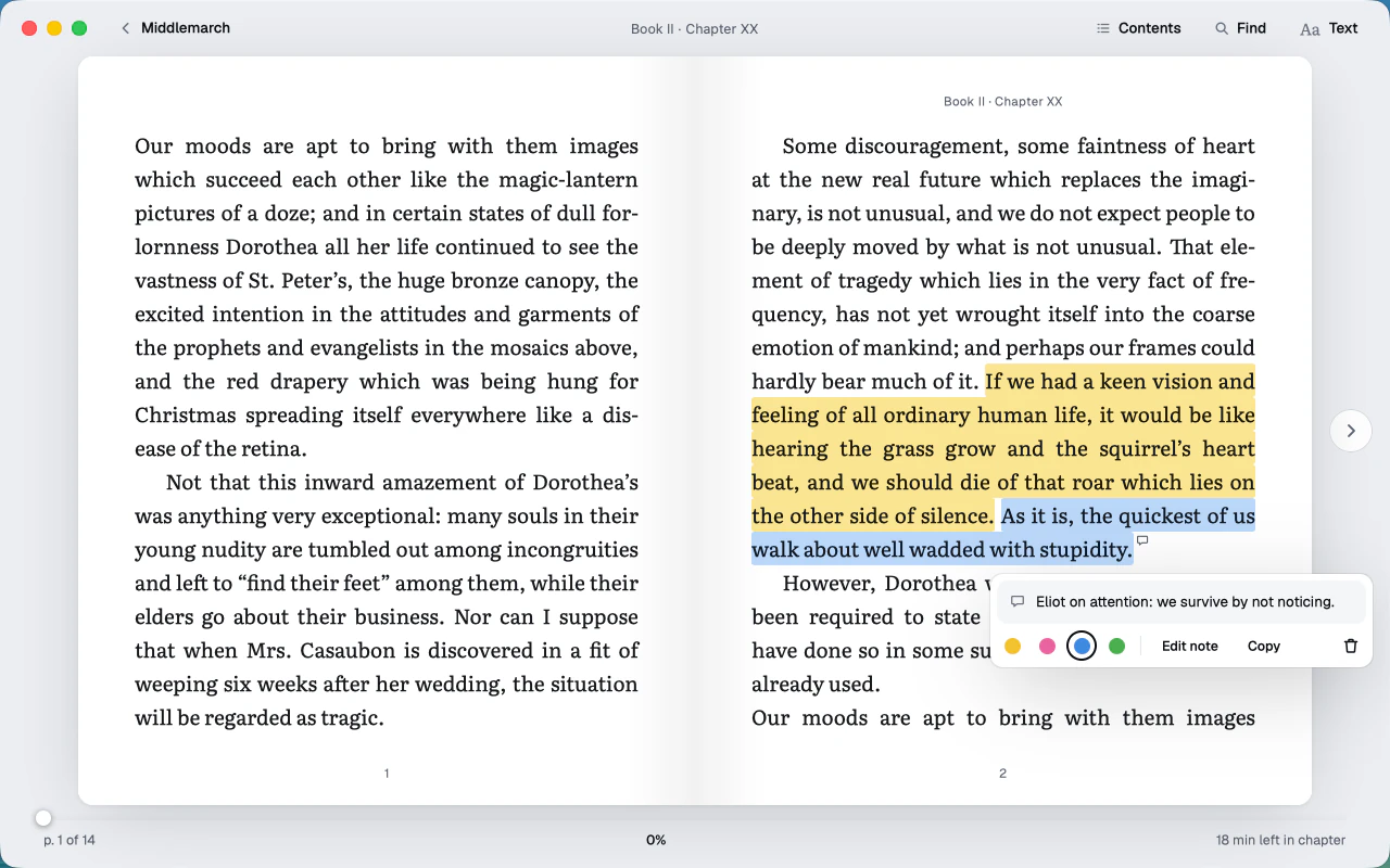 A two-page spread of Middlemarch in the reader