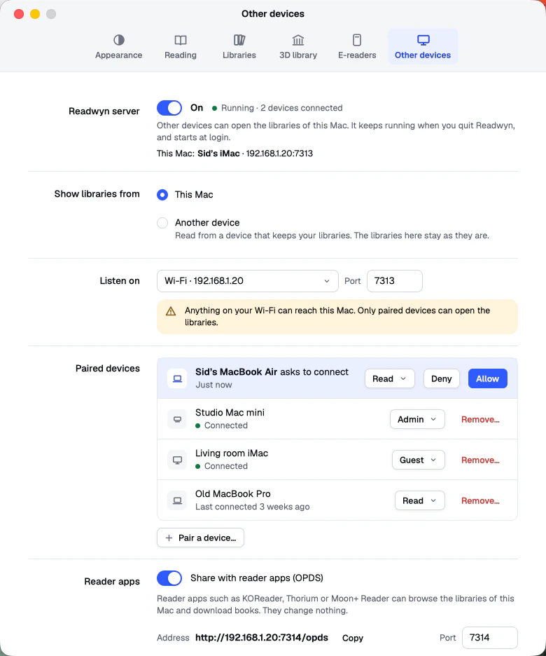 The Other devices settings, with the paired devices