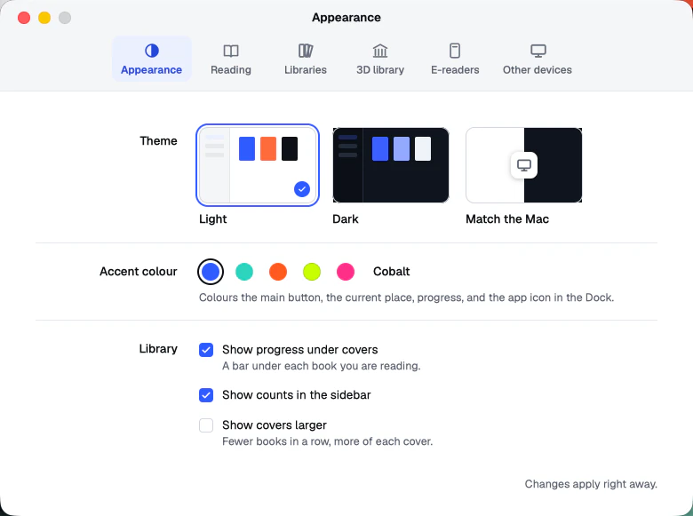 The appearance settings, with the theme and the accent colour
